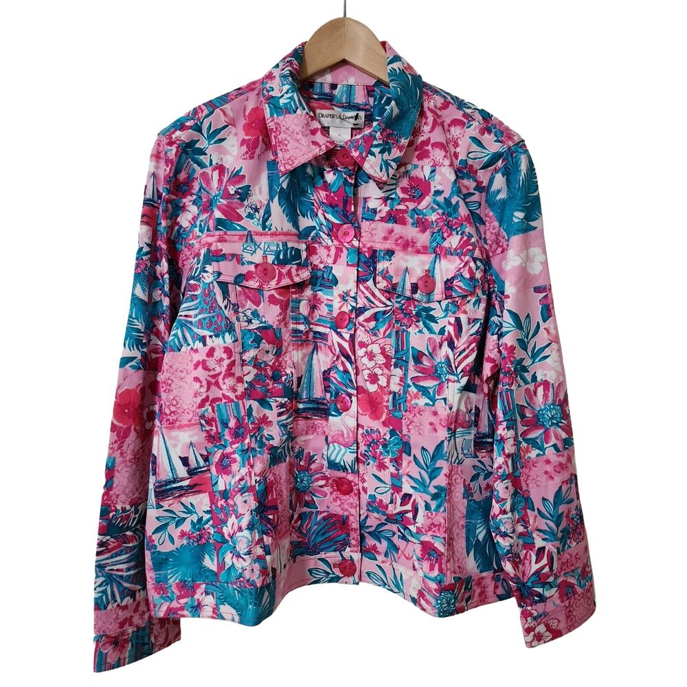 Drapers Damons Jacket Petite Large Pink Teal Tropical Cotton Blend NWOT Button